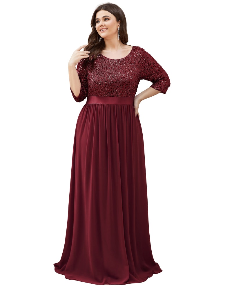 Front of a model wearing a size 24 3/4 Sleeves Round Neck Evening Dress With Sequin Bodice in Burgundy by Ever-Pretty. | dia_product_style_image_id:287266